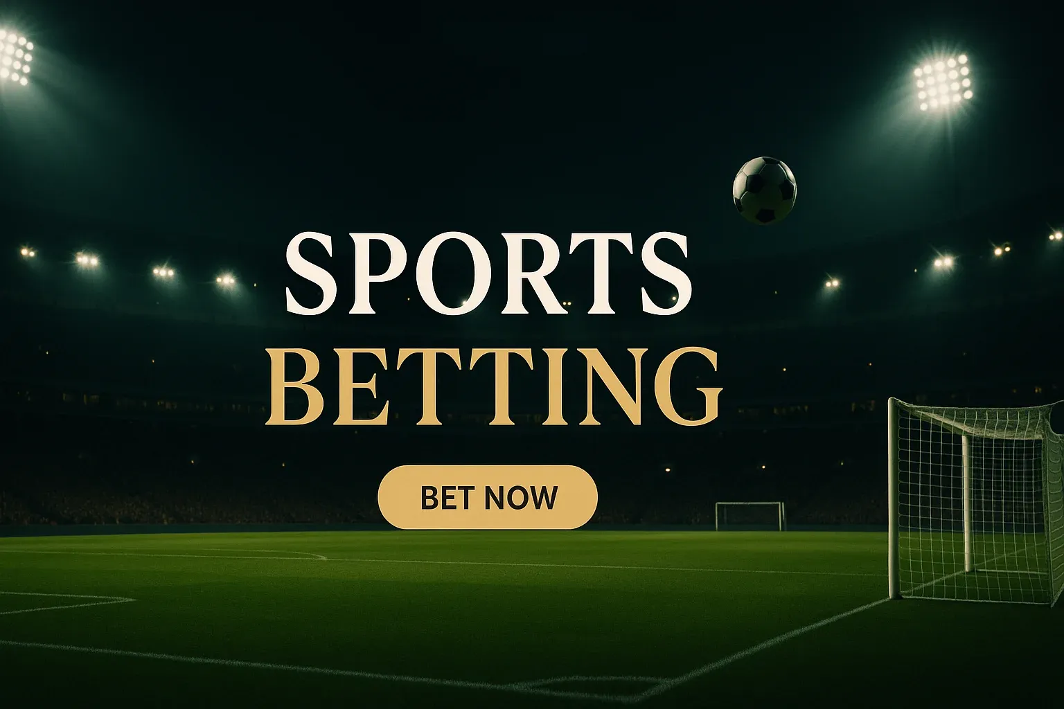 Photorealistic Premier League stadium night banner with sports betting text overlay