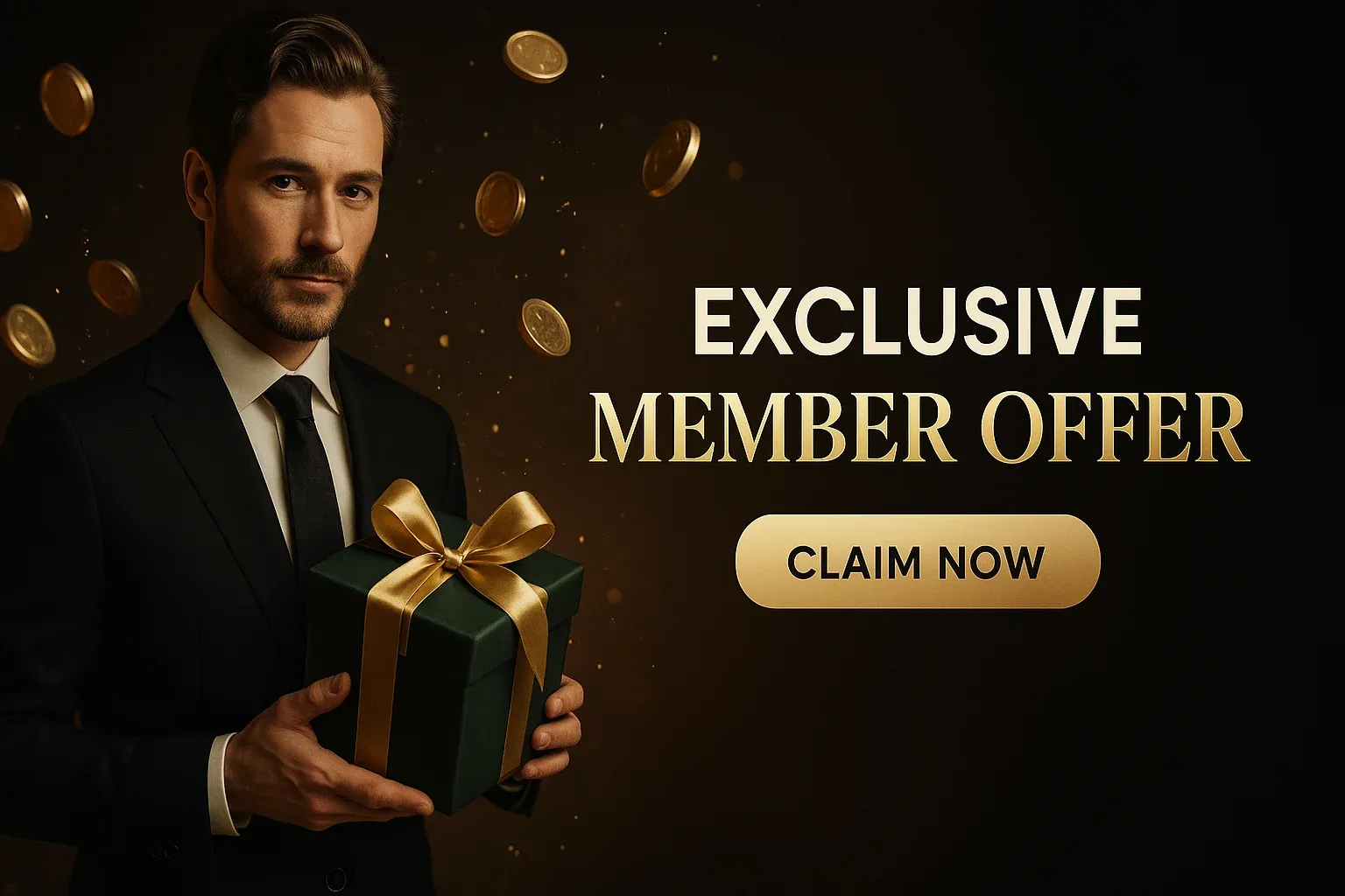 Luxury casino bonus banner with British man holding gift box and coins