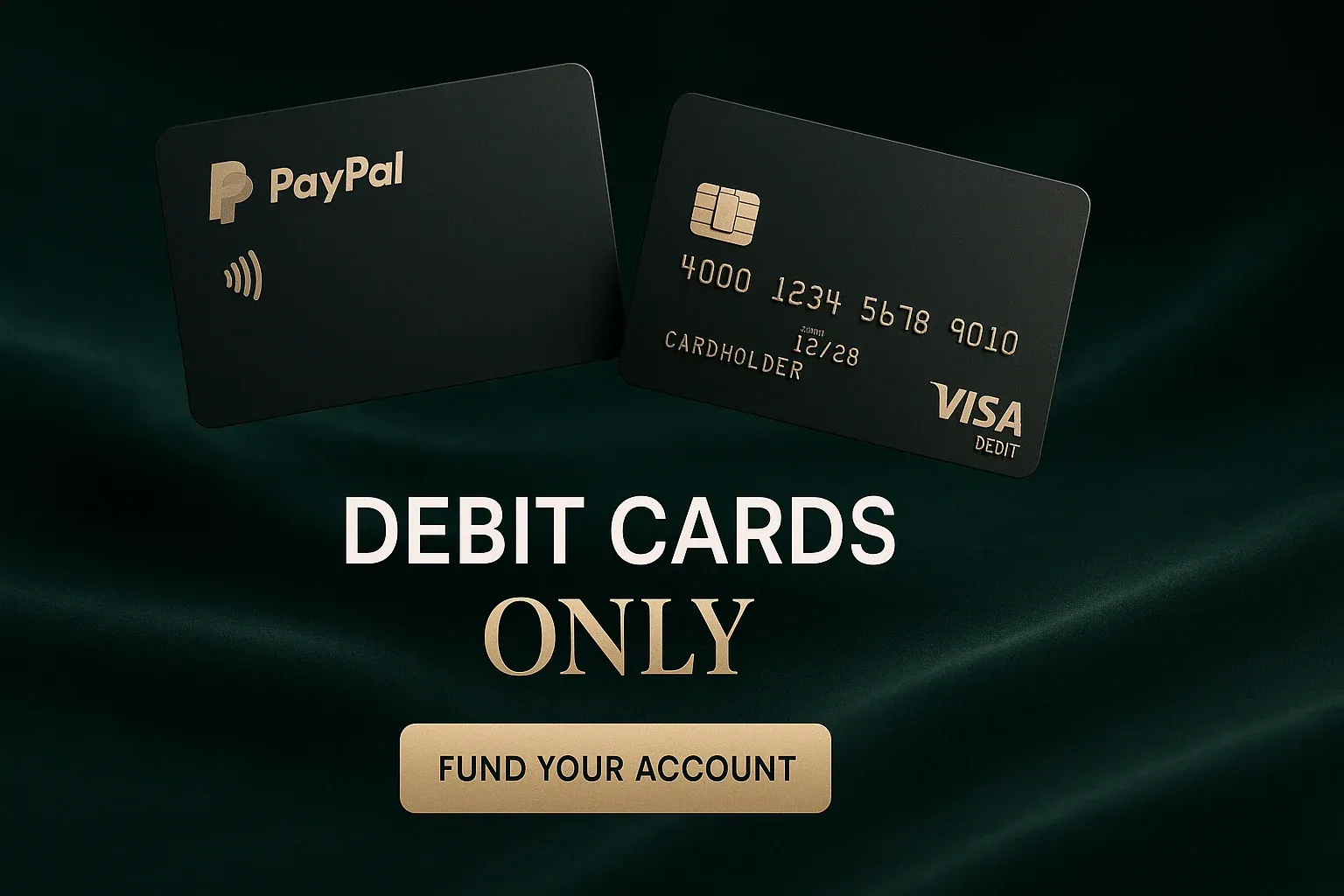 Luxury dark green and gold debit cards banner with centred CTA text