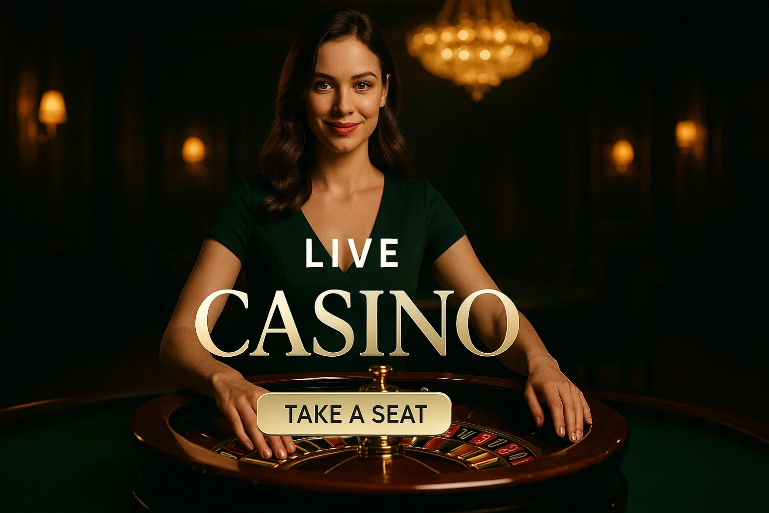 Photorealistic live casino banner with female croupier and roulette wheel